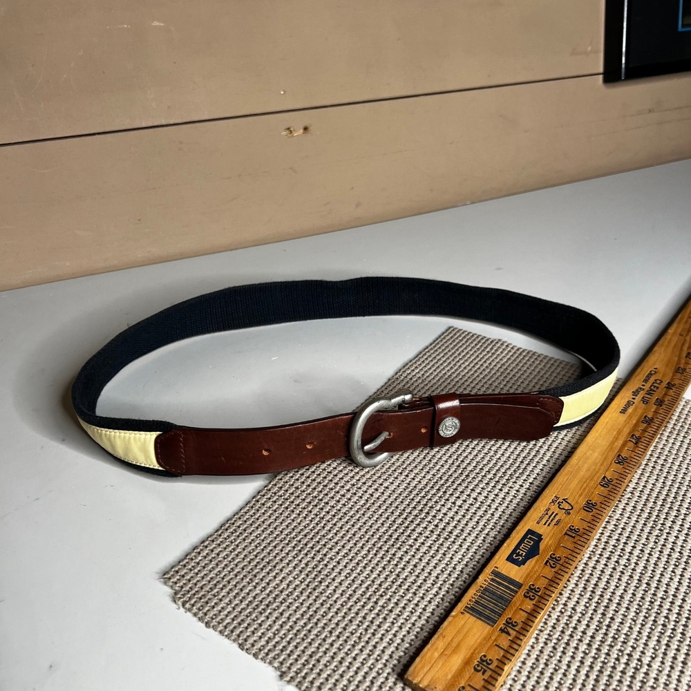 Southern Tide Mens 36 Belt Navy Canvas Yellow Ribbon Skipjack Fish Leather Trim